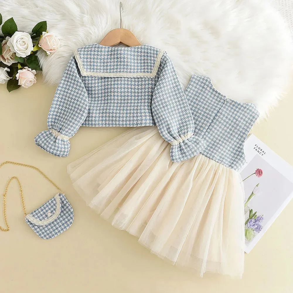 مجموعة اروين التجارية ARWEN&AJH GROUP  2024 EuropeanGirls Clothes Set Spring Autumn Girls Plaid Vest Dress Retro Outwear Coat 2 Pcs Fashion Baby Party Dress with Bag Outfits