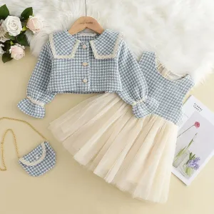 مجموعة اروين التجارية ARWEN&AJH GROUP  2024 EuropeanGirls Clothes Set Spring Autumn Girls Plaid Vest Dress Retro Outwear Coat 2 Pcs Fashion Baby Party Dress with Bag Outfits