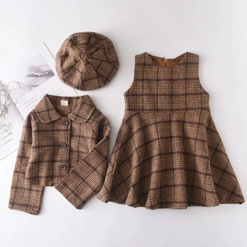 مجموعة اروين التجارية ARWEN&AJH GROUP  2024 EuropeanGirls Clothes Set Spring Autumn Girls Plaid Vest Dress Retro Outwear Coat 2 Pcs Fashion Baby Party Dress with Bag Outfits