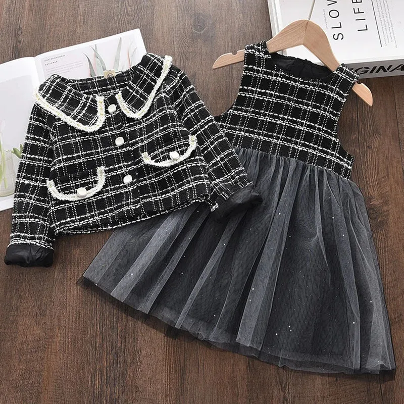 مجموعة اروين التجارية ARWEN&AJH GROUP  2024 EuropeanGirls Clothes Set Spring Autumn Girls Plaid Vest Dress Retro Outwear Coat 2 Pcs Fashion Baby Party Dress with Bag Outfits