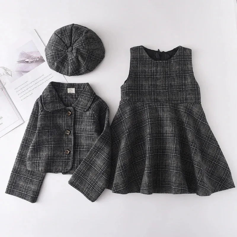 مجموعة اروين التجارية ARWEN&AJH GROUP  2024 EuropeanGirls Clothes Set Spring Autumn Girls Plaid Vest Dress Retro Outwear Coat 2 Pcs Fashion Baby Party Dress with Bag Outfits