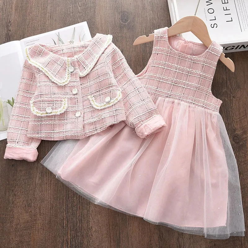 مجموعة اروين التجارية ARWEN&AJH GROUP  2024 EuropeanGirls Clothes Set Spring Autumn Girls Plaid Vest Dress Retro Outwear Coat 2 Pcs Fashion Baby Party Dress with Bag Outfits