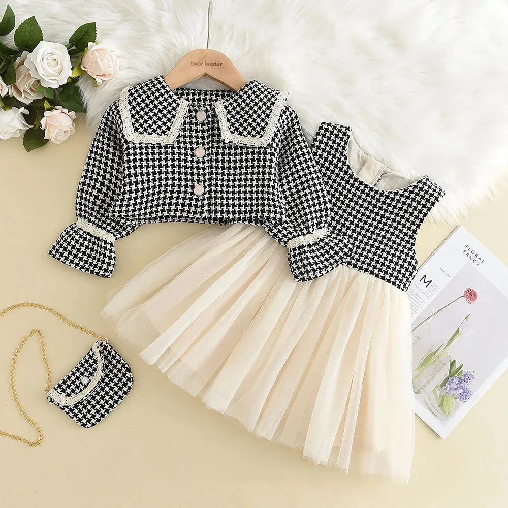 مجموعة اروين التجارية ARWEN&AJH GROUP  2024 EuropeanGirls Clothes Set Spring Autumn Girls Plaid Vest Dress Retro Outwear Coat 2 Pcs Fashion Baby Party Dress with Bag Outfits