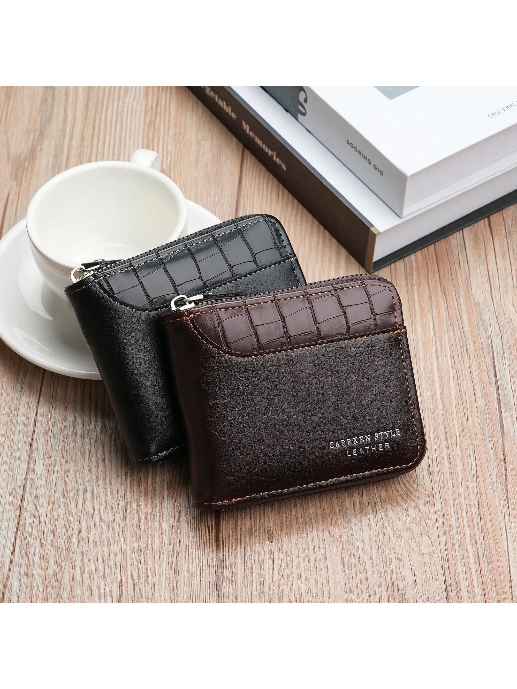 1pc New Men's Crocodile Pattern Pu Leather Multifunctional Zipper Short Wallet, Fashionable And Casual, Suitable For Youth, Students And Travel, Can Hold Cards And Cash