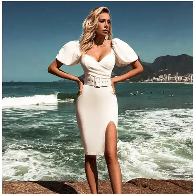 2024 New Arrival Ladies Puff Sleeve Slim Slit Dress White Casual Elegant Dresses for Women