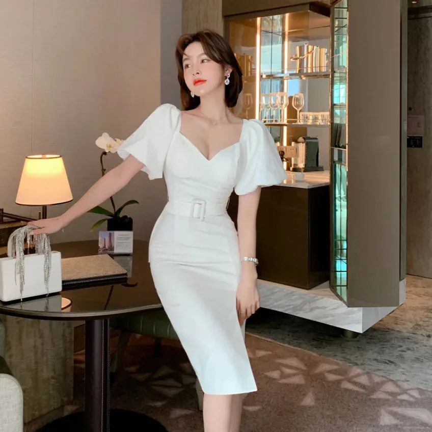 2024 New Arrival Ladies Puff Sleeve Slim Slit Dress White Casual Elegant Dresses for Women