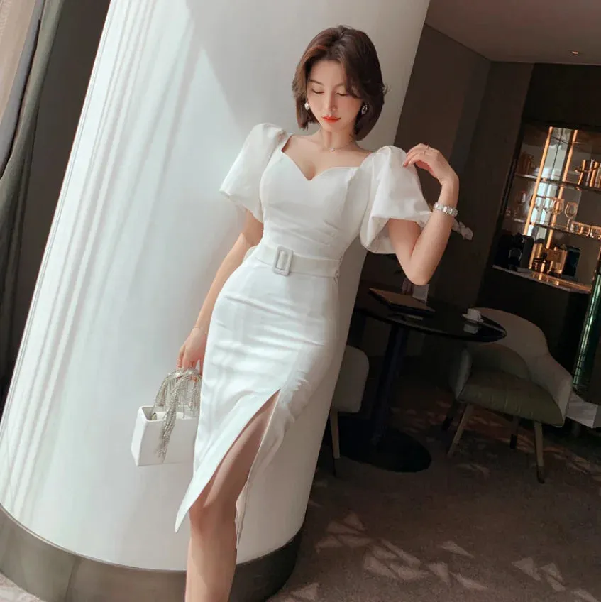 2024 New Arrival Ladies Puff Sleeve Slim Slit Dress White Casual Elegant Dresses for Women