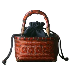 Chinese Style Rattan Woven Handbag with Bamboo Handle