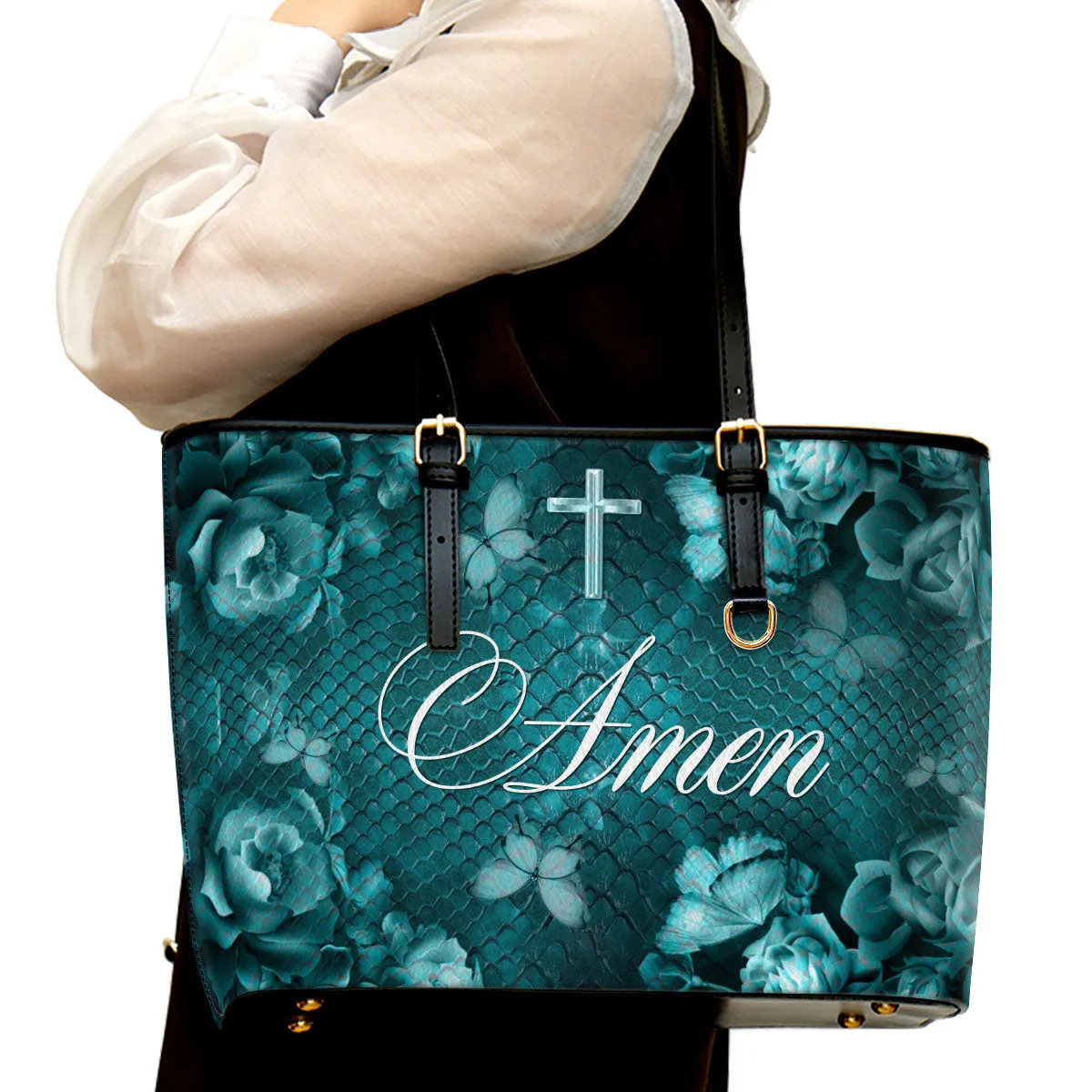 Cross Amen Large Leather Tote Bag - Christ Gifts For Religious Women - Best Mother's Day Gifts