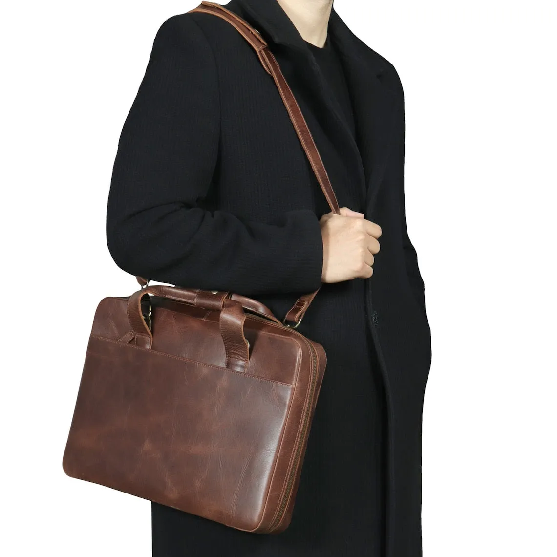 Dazzlo Top Grain Leather Laptop Briefcase Bag - Black/Brown - 15.74"