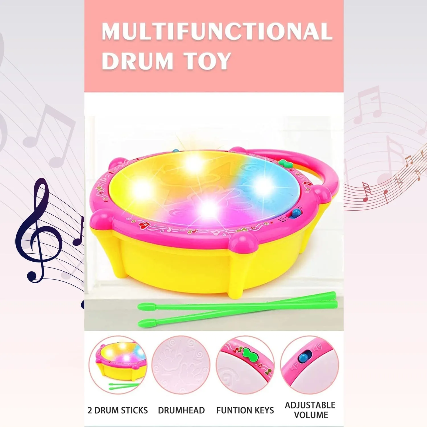 Flash Drum Toys for Kids with Light & Musical Sound Colorful Plastic Baby Drum Musical Toys for Children Baby Toy Instrument Best Gift for Boys & Girls.