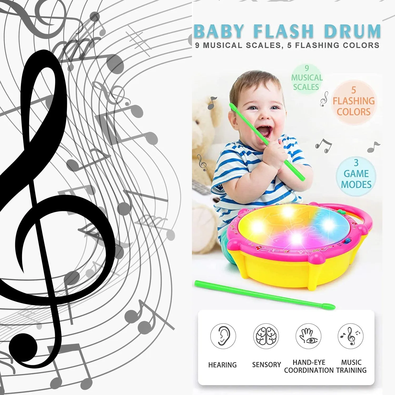 Flash Drum Toys for Kids with Light & Musical Sound Colorful Plastic Baby Drum Musical Toys for Children Baby Toy Instrument Best Gift for Boys & Girls.