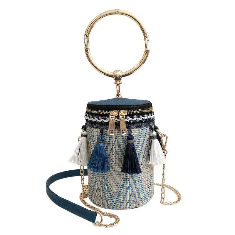 Japan Style Bucket Cylindrical Straw Handbag