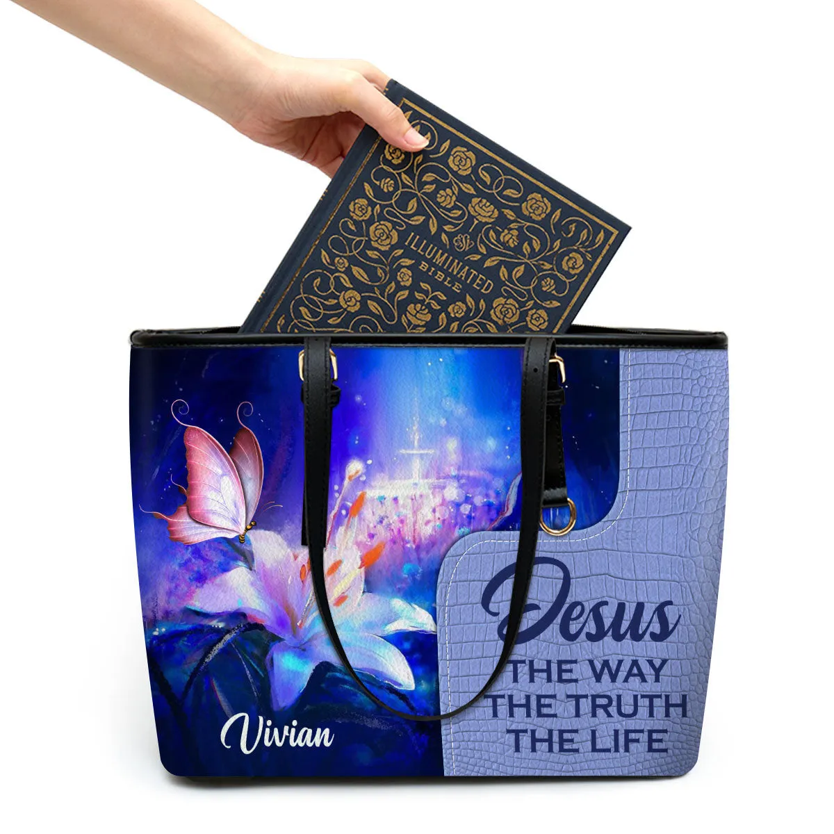 Jesus The Way The Truth The Life Personalized Lily Large Leather Tote Bag - Christian Inspirational Gifts For Women