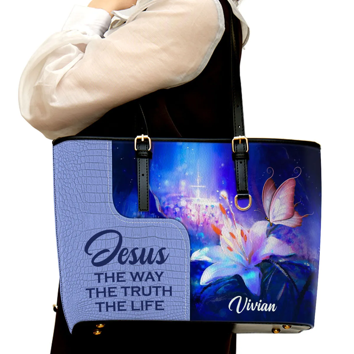 Jesus The Way The Truth The Life Personalized Lily Large Leather Tote Bag - Christian Inspirational Gifts For Women