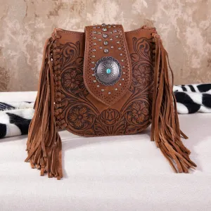 Montana West Ladies Vintage Floral Tooled Fringe Crossbody Bag - Brown - MW1249-8360