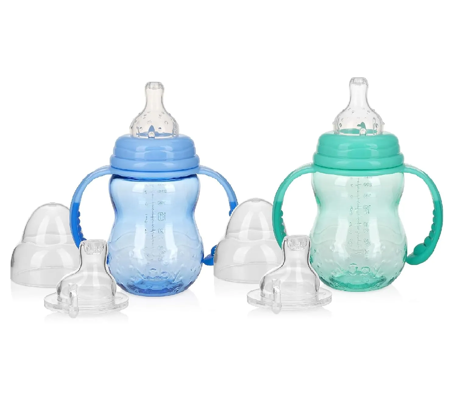 Nuby 3 Stage Ultra Durable Tritan Grow with Me No-Spill Bottle to Cup, 8oz, 2 Count, Blue/Teal