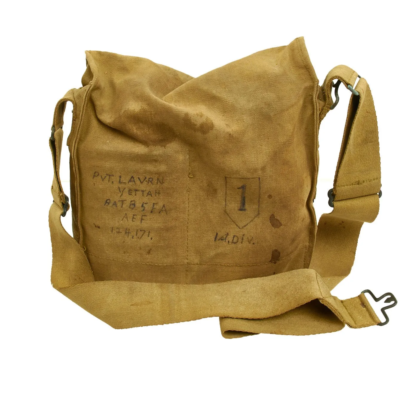 Original U.S. WWI M1917 SBR Gas Mask with Carry Bag named to USGI in 5th Field Artillery 1st Infantry Division