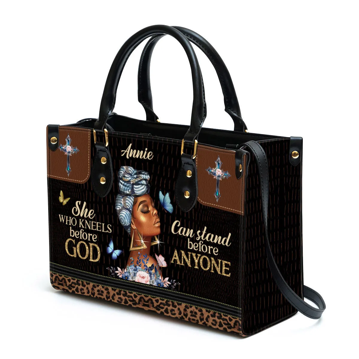 Personalized Leather Bag For Women - She Who Kneels Before God Can Stand Before Anyone Leather Bag Leather Bag - Christian Gifts for Women