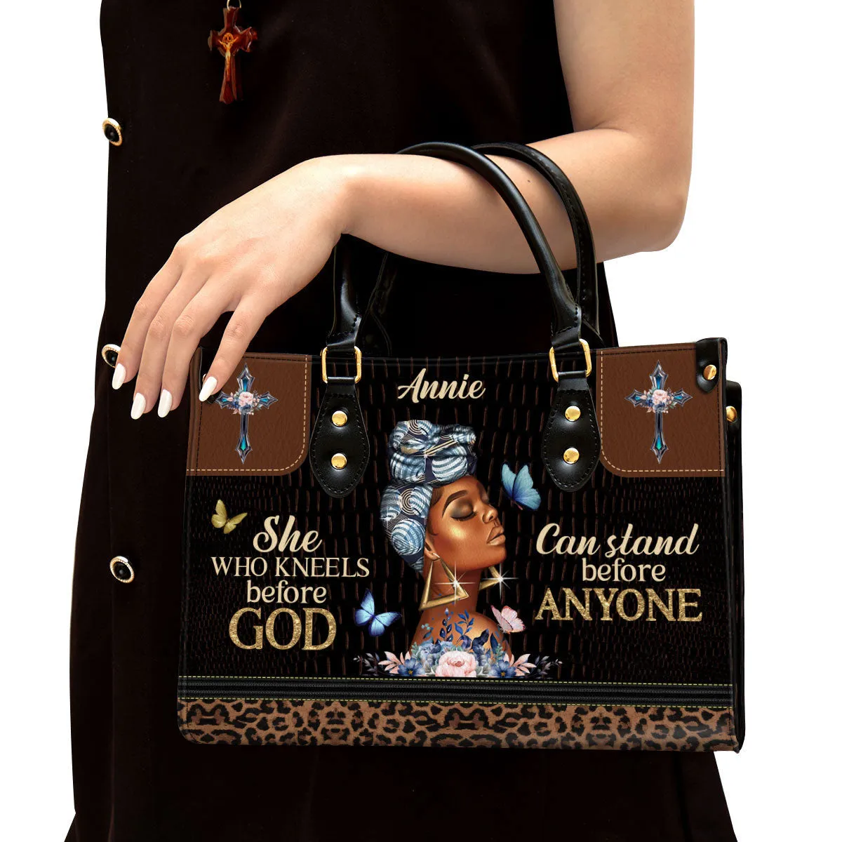 Personalized Leather Bag For Women - She Who Kneels Before God Can Stand Before Anyone Leather Bag Leather Bag - Christian Gifts for Women