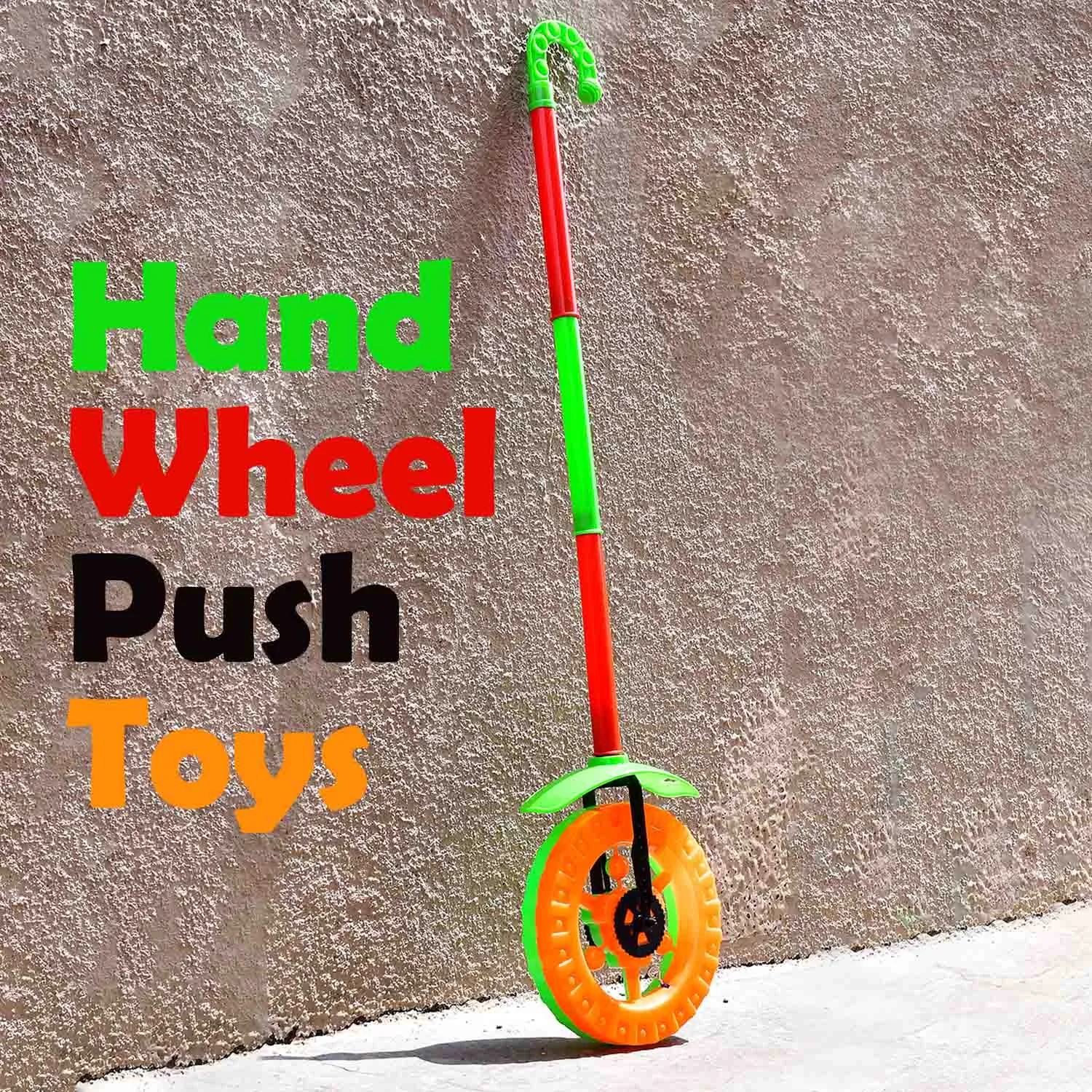 Plastic Single Wheel Push Run toy with handle and two lights on wheel. push toy for Kids.