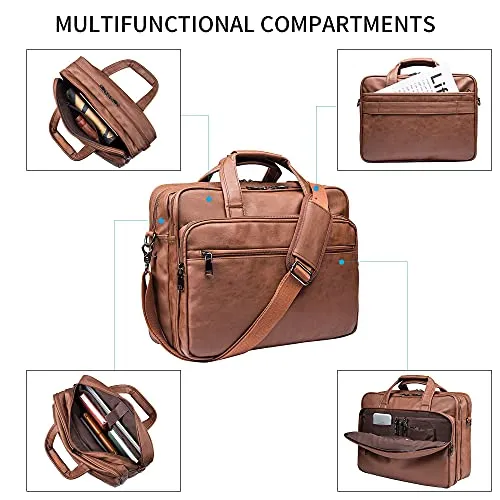 Seyfocnia Leather Laptop Bag, Men's 15.6 Inches Messenger Briefcase Business Satchel Computer Handbag Shoulder Bag Fits 15.6 Inch Laptop, Computer, Tablet(Brown)