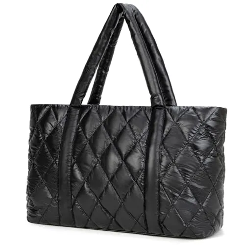 SEYFOCNIA Puffer Tote Bag Large Quilted Puffy Tote Bag Soft Down Cotton Padded Shoulder Bag Quilted Bag for Womens Handbag Black