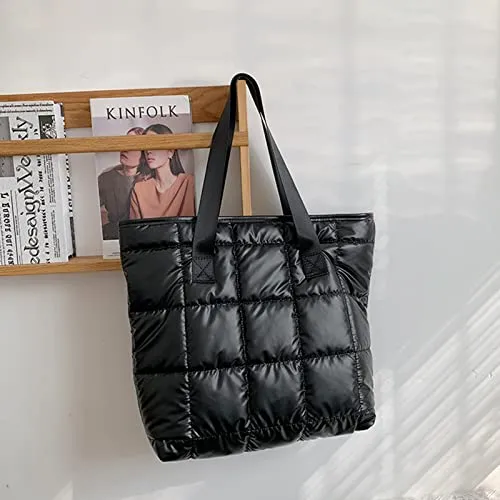 SEYFOCNIA Puffer Tote Bag Large Quilted Puffy Tote Bag Soft Down Cotton Padded Shoulder Bag Quilted Bag for Womens Handbag Black