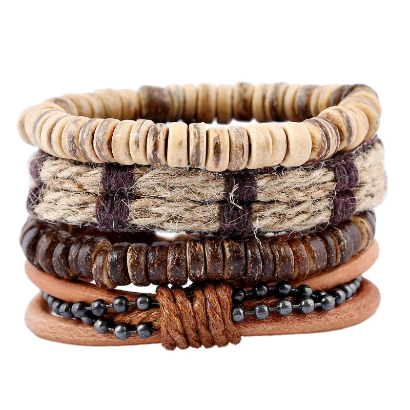 Simple Retro Set Bracelet DIY Braided Leather Bracelet Coconut Shell Bracelet Men's Hemp Rope Leather Bracelet