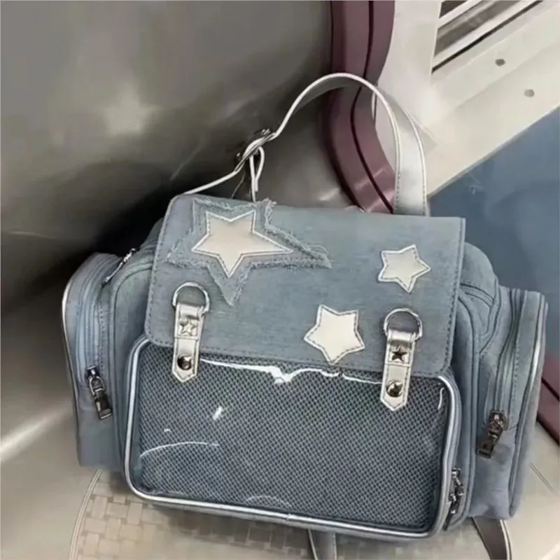 Sohiwoo Harajuku Denim Backpack Women Japanese Transparent Star Ita Bags Mochila Female Lolita Vintage Y2k Backpacks Aesthetic