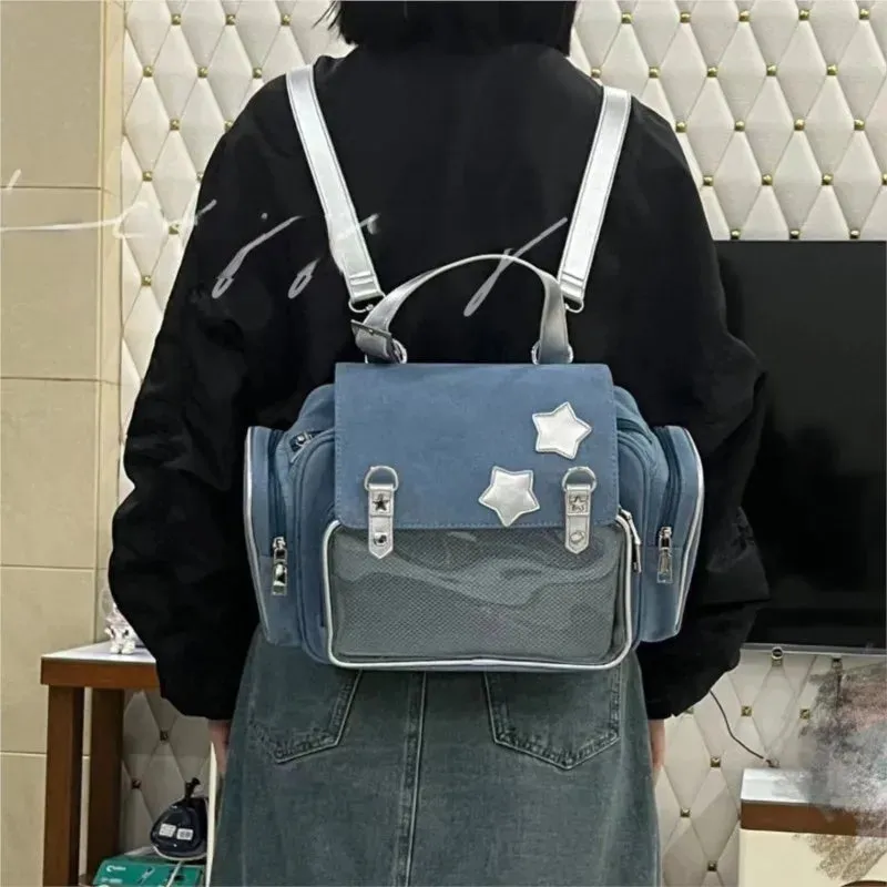 Sohiwoo Harajuku Denim Backpack Women Japanese Transparent Star Ita Bags Mochila Female Lolita Vintage Y2k Backpacks Aesthetic