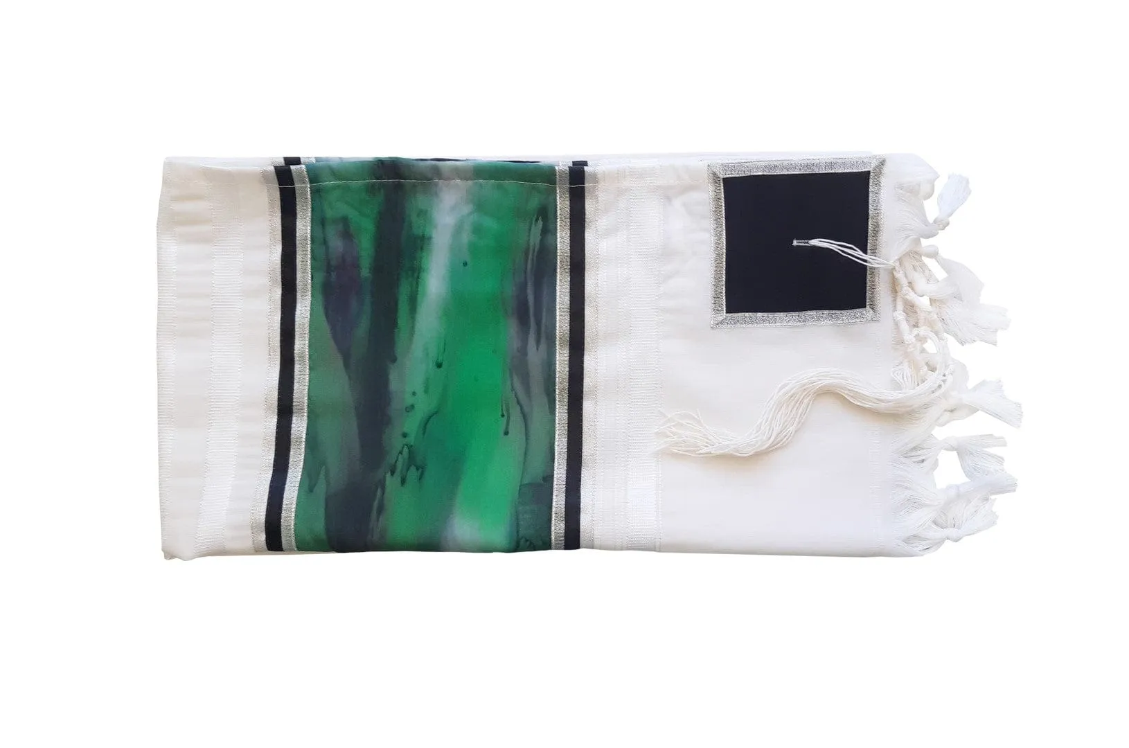 The Green Marble Hand Painted Silk on Wool Tallit, Bar Mitzva Tallit, Tzitzit, Jewish Prayer Shawl