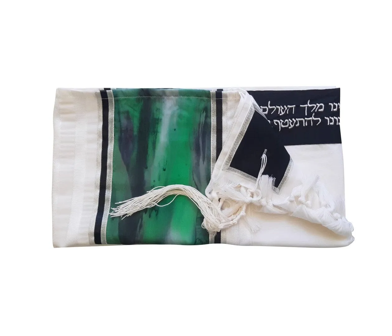 The Green Marble Hand Painted Silk on Wool Tallit, Bar Mitzva Tallit, Tzitzit, Jewish Prayer Shawl