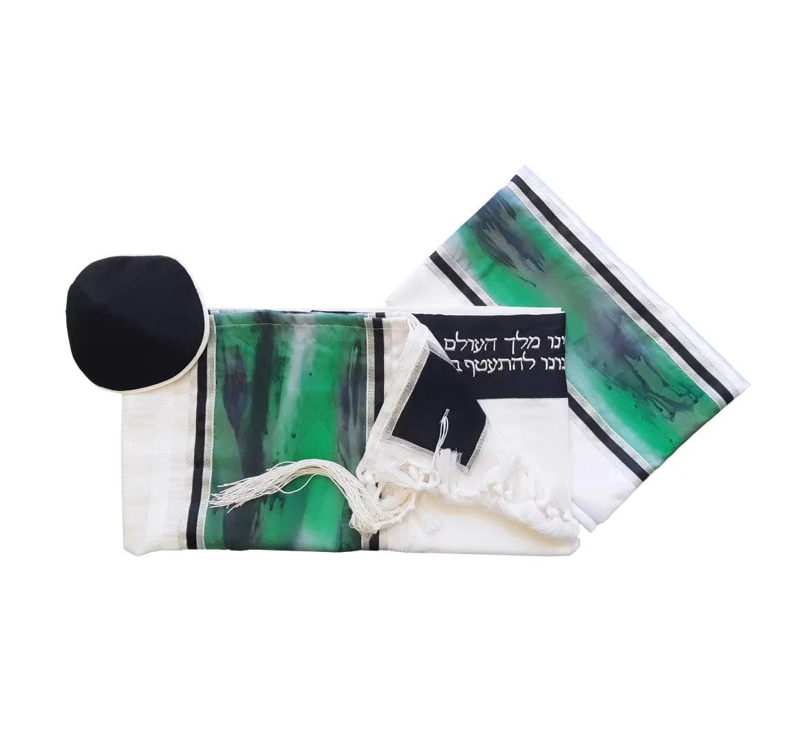 The Green Marble Hand Painted Silk on Wool Tallit, Bar Mitzva Tallit, Tzitzit, Jewish Prayer Shawl