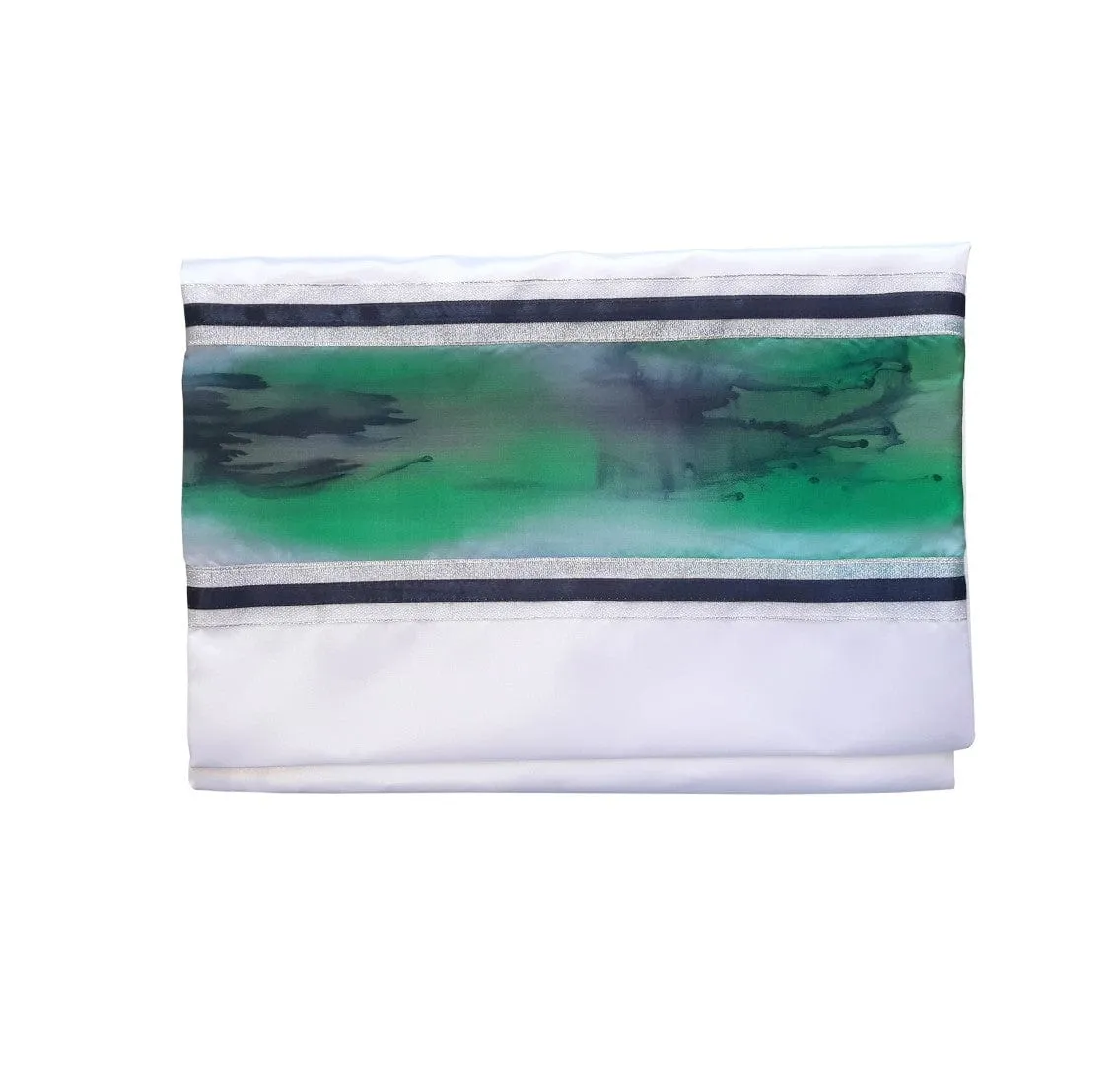 The Green Marble Hand Painted Silk on Wool Tallit, Bar Mitzva Tallit, Tzitzit, Jewish Prayer Shawl