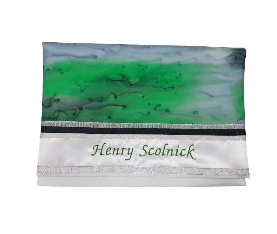 The Green Marble Hand Painted Silk on Wool Tallit, Bar Mitzva Tallit, Tzitzit, Jewish Prayer Shawl