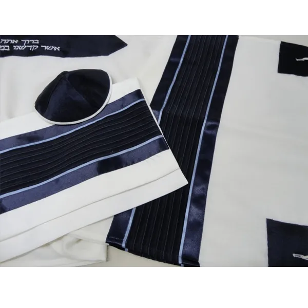 Wool Tallit for Bar Mitzvah, Blue Stripes Combination, Tzitzit Tallit Prayer Shawl, Custom Tallit Set