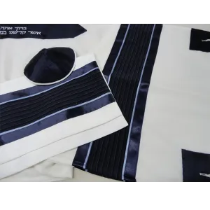 Wool Tallit for Bar Mitzvah, Blue Stripes Combination, Tzitzit Tallit Prayer Shawl, Custom Tallit Set